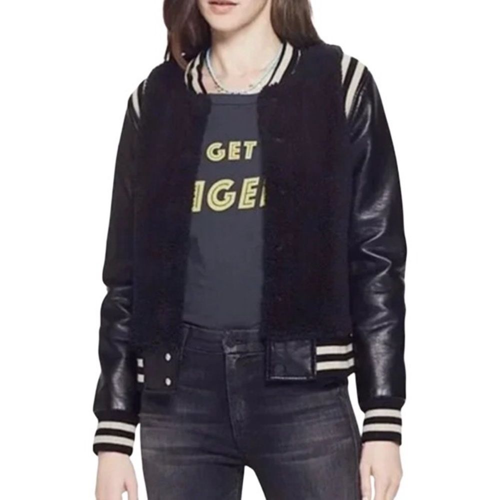 MOTHER The Snap Letterman Jacket Black Sherpa Vegan Leather Womens Size XS